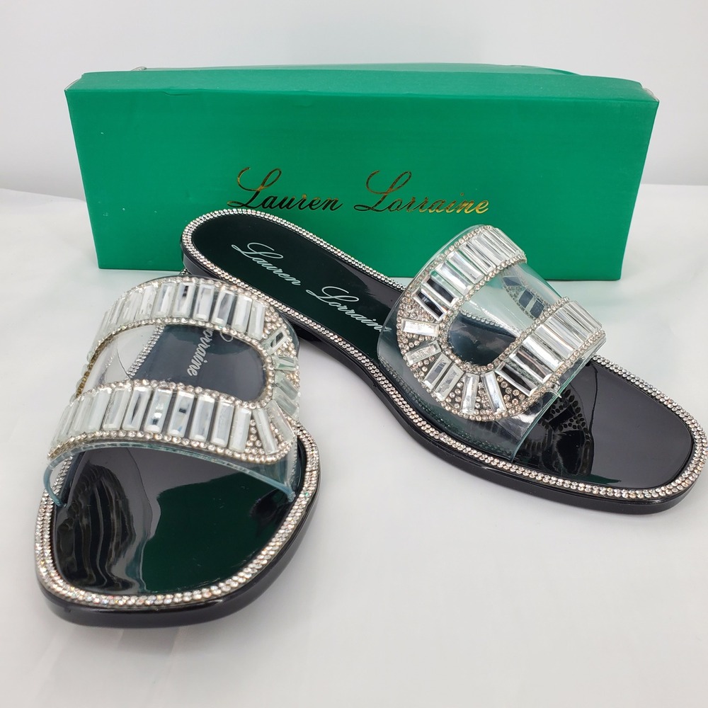 Lauren Lorraine Jane Black Crystal Embellished Clear Slide Sandals Womens 8 New